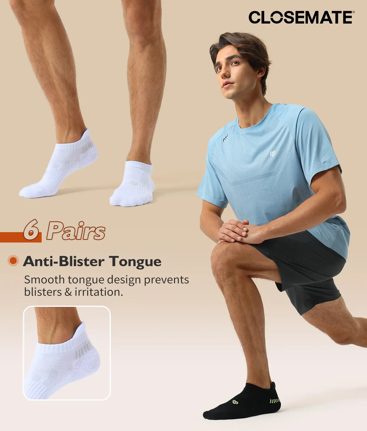 CLOSEMATE Ankle Socks for Men Anti-Blister Cushioned Socks Moisture Wicking Athletic Socks for Running & Workout 6 Pairs