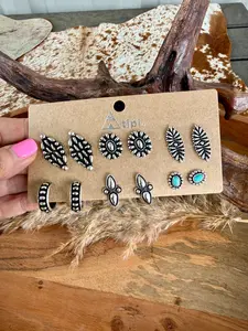 6 Pair Western Turquoise & Silver Stud Earrings Set – Concho, Cross & Hoop Styles
