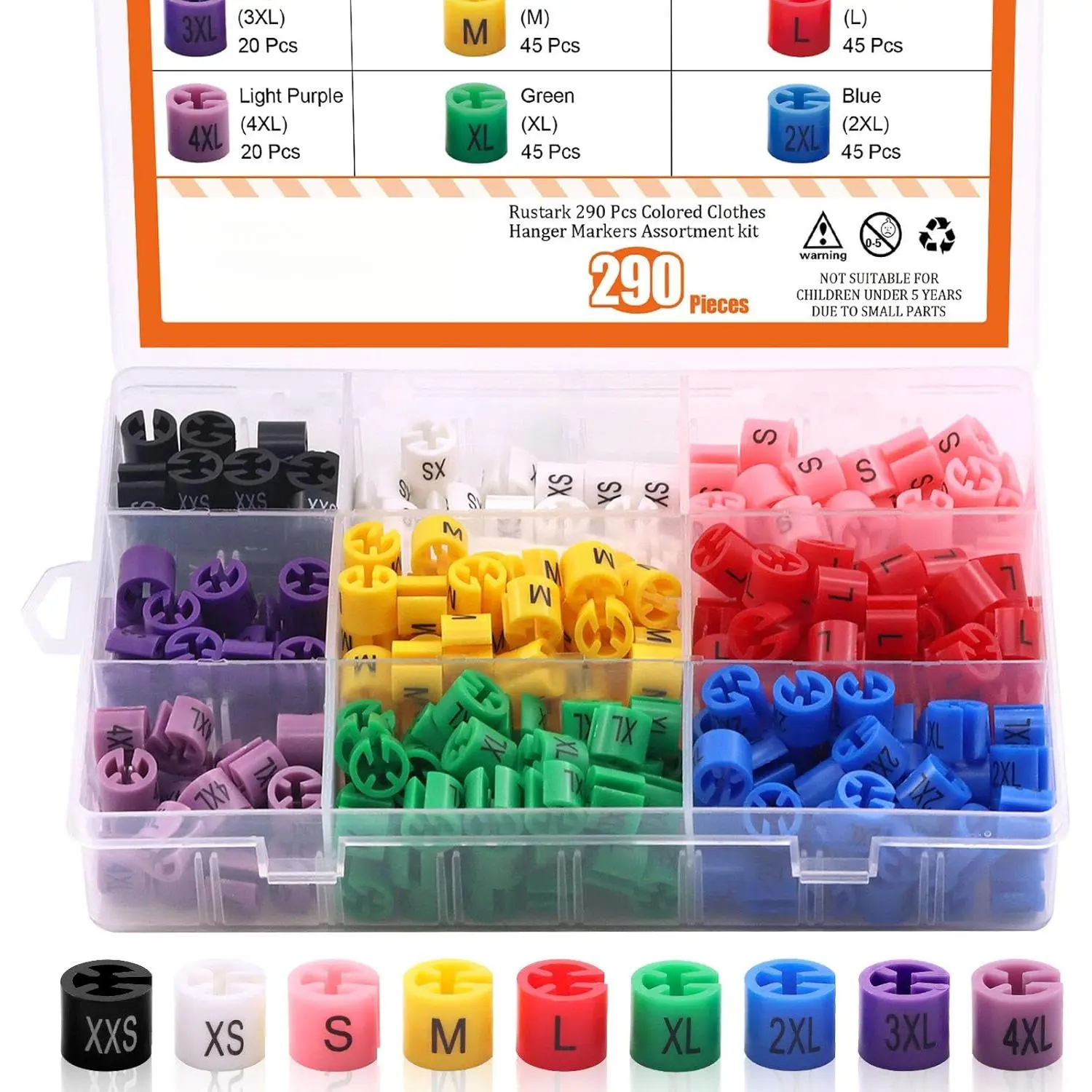 290 Pcs Colored Clothes Hanger Markers Assortment kit- 9 Sizes (XXS - 4XL) Color-Coding Garment Size Markers Color Clothing Coded Size Clips Set with Storage Box Organiser Plastic