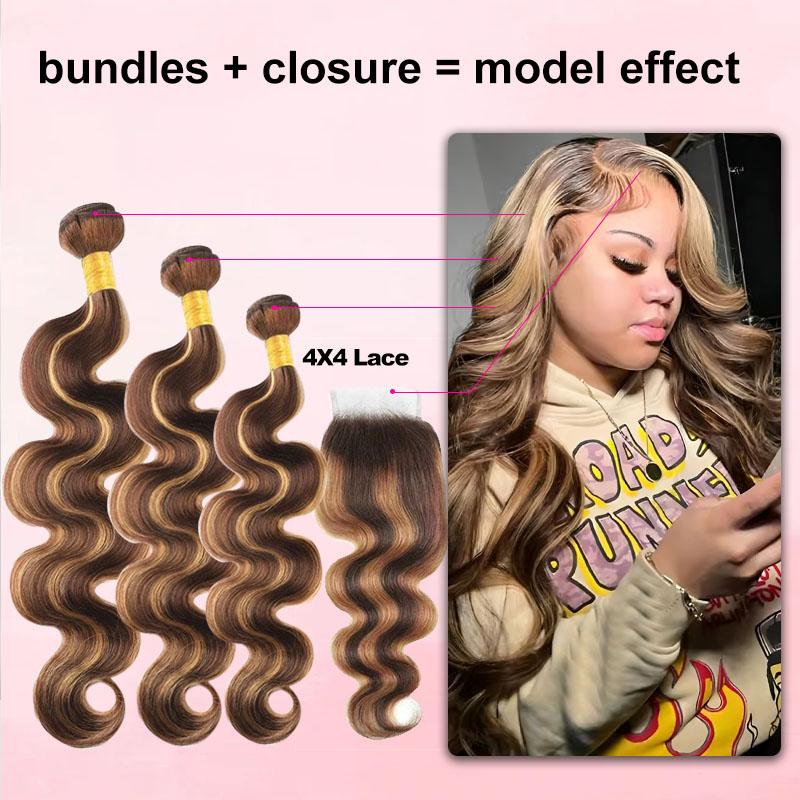 3/4 Bundles With Closure Body Wave Highlight Burgundy 99J Human Hair 4x4 Lace Front With 3 Bundles Brazilian Hair For Women