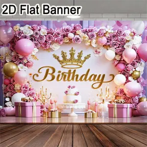 1pc, Pink & Gold Birthday Celebration Backdrop with Roses, Balloons, Crown | Festive Tiered Cake Decor, Candelabras & Gift Boxes for Luxury Party Decor