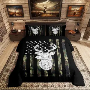 Feelyou Boys' Camo Bedding Set - Army Green Camo American Flag Deer Hunting Comforter, Rustic Farmhouse Woodland Animal Quilt, Soft Breathable Skin Friendly Printed Blanket, Skin Friendly Blanket