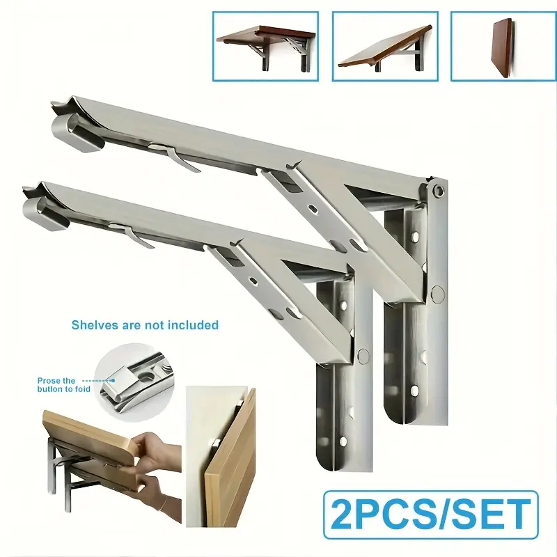 2 Folding Shelf Brackets, Heavy Duty Stainless Steel Folding Shelf Brackets for Benches and Tables