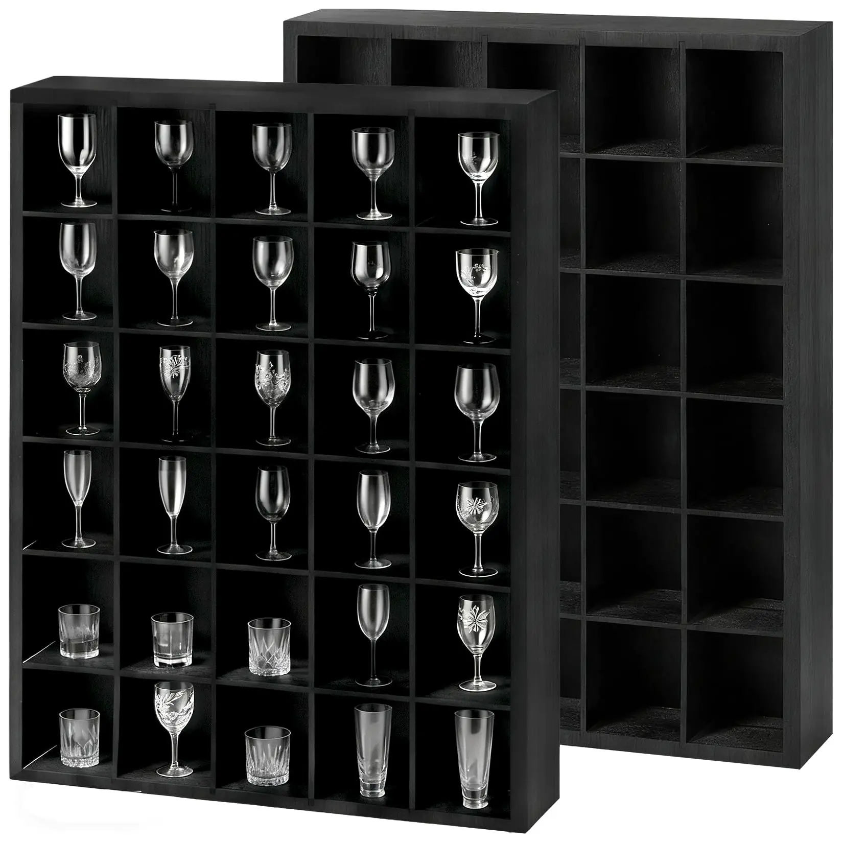 Garvee 2 Pack Shot Glass Display Case - Black Wooden Wall Mounted Shadow Box with 30 Slots & 2 Removable Shelves, Adjustable Shot Glass Shelf for Collectibles, Thimbles, Miniatures, Bar Decor