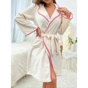 Women’s Solid Color Piping Trim Bathrobe, Casual Long Sleeve Belted Robe for All Seasons, Soft Comfortable Sleepwear for Women
