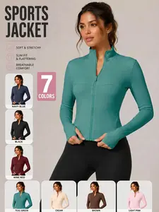 Women's Stand Collar Full Zip Yoga Jacket, Buttery Soft Slim Fit Long Sleeve Athletic Coat with Thumb Holes for Gym Running Daily Wear
