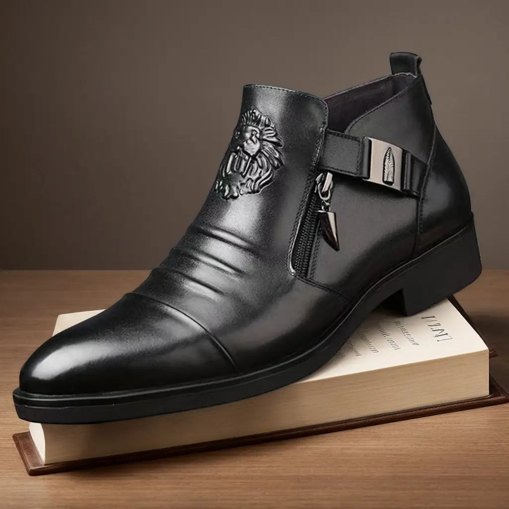 Men's black genuine leather ankle boots – stylish winter work and business boots, featuring a zipper closure for comfortable wear, versatile and suitable for casual occasions, made with embossed leather material, perfect for winter and everyday wear.