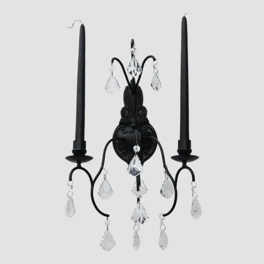 Crystal Teardrop Black Iron Wall Sconce Candelabra