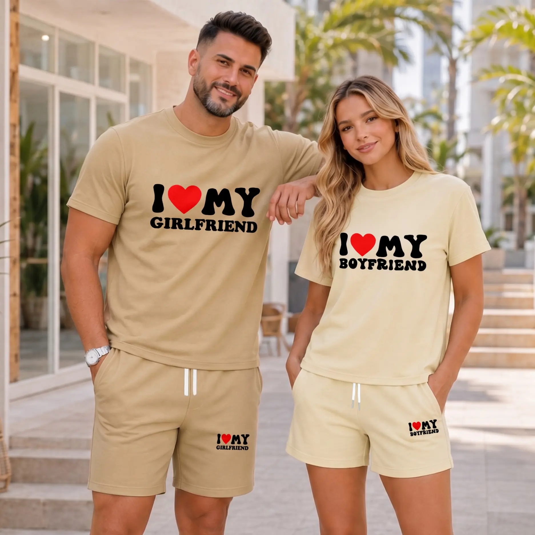 Couples' Casual 2-Piece Matching Outfit, Soft Cotton Blend His and Hers Tee and Shorts Set, Loose Fit Summer Loungewear, Shortsleeve, Women, Fabric, Everyday, Breathable, Outdoor, Style, Tops