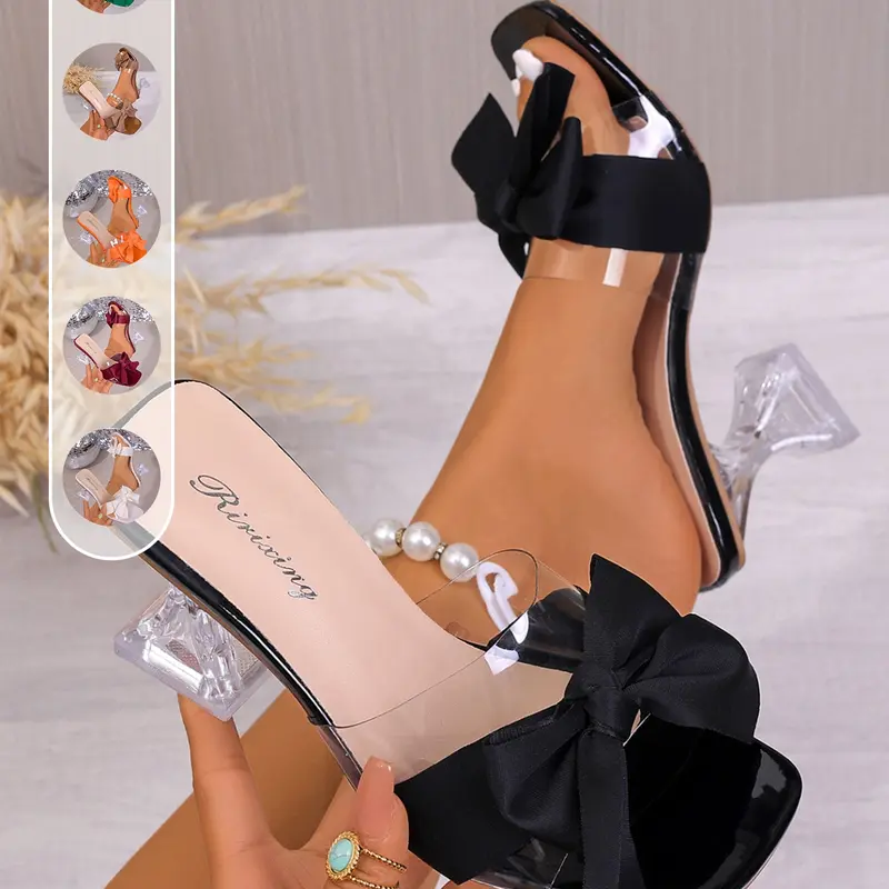 Women's Clear Chunky Heels with Cute Bow – Transparent Strap Square Toe Heeled Mules for Wedding, Party & Summer Outfits, Classy sandal, Chic Summer Footwear