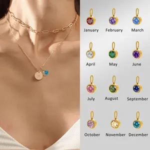 [LeBijouLab] [I-P] Golden Initial Letter Birthstone Necklace For Women, Golden Stainless Steel Initial Letter Necklaces, Christmas Gifts, Birthday Gift for Her, Valentine's gift for 2025