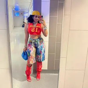 Women's Elastic Thick Polyester Fabric Cropped Painted Shorts - Fashionable Casual Straight-Leg Clothes Bottoms