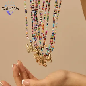 Colorful Letter Necklace For Women Bubble initial Letter Handmade Beaded Necklace Dainty Cute Beach Chocker Unique Jewelry For Summer