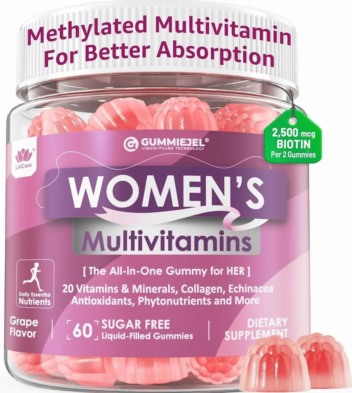 Womens Multivitamin Gummy, Methylated Multivitamin for Women, GLP-1 Friendly, Biotin, Iron, Collagen, Methylfolate, B Complex, Women's Complete Support, Hair Skin and Nails Vitamins, No Sugar, 60 Cts