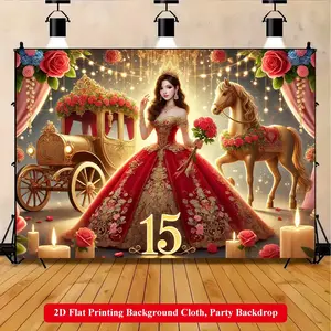 2D Flat Printing Backdrop Banner 1pc, Party Decorations Banners, Royal Princess Fifteenth Birthday Celebration Polyester Background Cloth for Family Party, Wedding, Birthday, Christmas, Entryway, Room Decorations, Easy to Set Up, Reusable