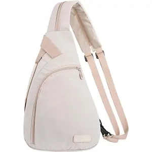 Crossbody Sling Backpack Travel Hiking Daypack for Women Men, Sling Bag Convertible Backpack with Front Curved Pocket for Outdoor Casual Travel Commuting, Beige