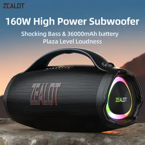 【 ZEALOT 】160W Portable wireless speaker, large and powerful bass, DSP, RGB ambient light, IP67 waterproof, TWS pairing, 36000mAh, portable power bank, supports 24-hour continuous playback. Ideal for family gatherings, outdoor camping, and beach parties