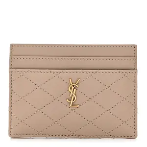 Pre-owned Yves Saint Laurent Quilted Lambskin Small Leather Goods Lambskin Quilted Gaby Card Case Dark Beige
