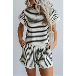 White Stripe Contrast Edge Tee and Shorts Set