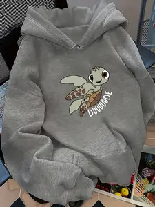 Women's Casual Fashion Turtle Print Hoodie, Loose Fit Fitted Sweatshirt, Letter Pattern, Fall & Winter Wear, Trendy and Versatile