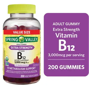 Spring Valley Extra Strength Vitamin B12 Gummies – 3000 mcg, Raspberry Flavor, Energy Boost & Metabolism, Nervous System Support, Healthcare Supplement