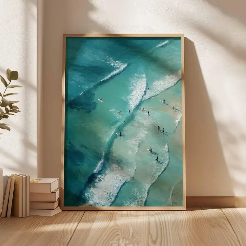 [SALE UP TO 50% + FREE SHIP]  Surfing Poster, Retro Surf Print, Beachy Wall Art, Blue Wall Art, Summer Ocean Print, Dopamine Decor, Beach Painting Poster, Coastal Decor