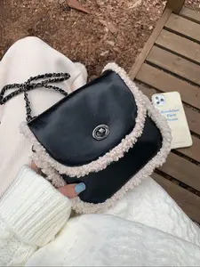 New Fall Winter Fashion Chain Lamb Fur Crossbody Bag, Versatile Single Shoulder Half Round Saddle Bag, Style, Fashionable Crossbody Bag