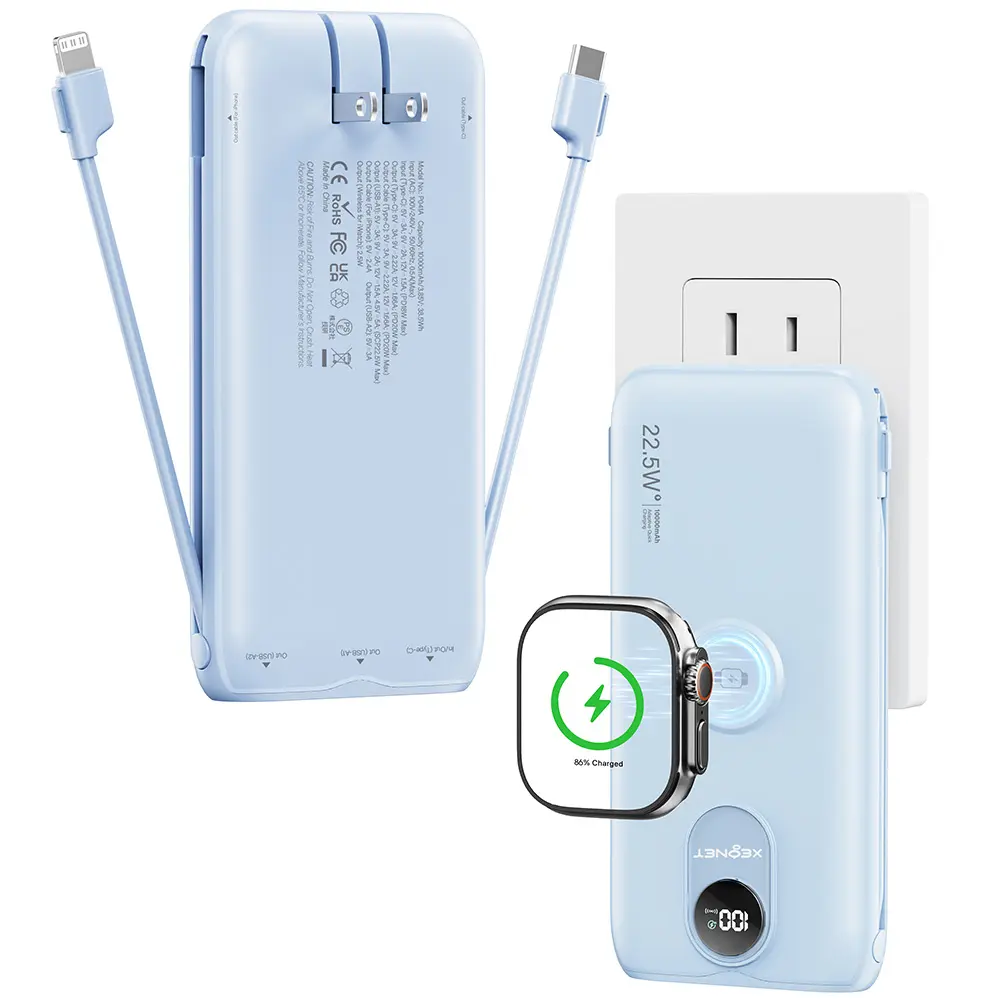 10000mAh Power Bank 22.5W Fast Charging Built-in Cables Wall Plug LED Display Portable Charger for iPhone Samsung Watch Back to School Travel