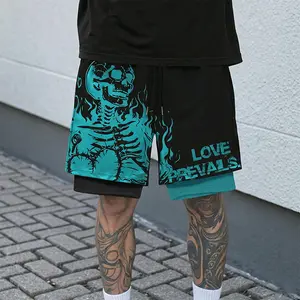 Men’s 2-in-1 athletic shorts — mesh, quick-drying, breathable fitness shorts with anti-exposure compression lining, flame skeleton print, drawstring design; five-inch inseam casual shorts for running, basketball, and streetwear.