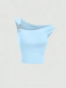 Women's Asymmetric Neckline Slim Fit Versatile Fashion Fitted Knit Blouse, Spring-Summer Casual Style, Perfect for Work, Home, Parties, Dates and Bars, Top