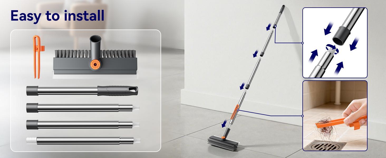 3-in-1 Floor Scrub Bathtub Brush with Long Handle - 1pc, 360-degree Rotating, 45-degree Ergonomic Design, Double-Sided Heavy-Duty Stiff Bristles & Squeegee, 10.6*3.95in Home Cleaning Broom for Bathroom, Kitchen, Deck, Durable, Birthday, Wedding, Cleaning,