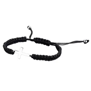 Cord Braided Bracelet with Cross Pendant Handmade Adjustable Milanese Stainless Steel Braided Bracelet Customized Lucky Evil-Repelling Black Charm Bracelet