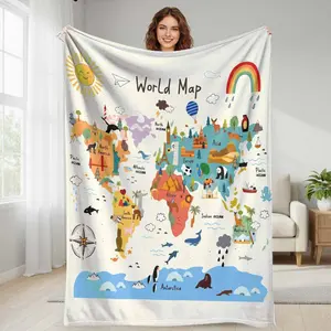 World Map Flannel Fleece Blanket  Educational Animal Continent Print  Cozy Warm Lightweight Sofa Couch Bed Cover  Ideal for Home Decor Living Room Bedroom Office Travel Gift