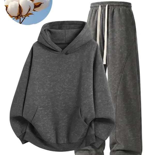 Unisex oversized pullover hoodie with kangaroo pocket drawstring wide leg sweatpants, marble-textured streetwear matching sweatsuit for men and women, multiple color options