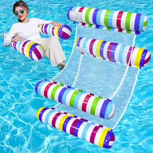 2pcs New Cylinder Colorful Striped Water Hammock, Summer Swimming Single Mesh Fabric Two Tube Inflatable Float Raft