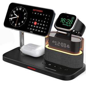 5-in-1 wireless charger with clock, mobile magnetic wireless charger stand for iphone apple watch airpods, for magsafe charger set, black charging station, for smartphone, cellphone, electronic, magnetic charging design