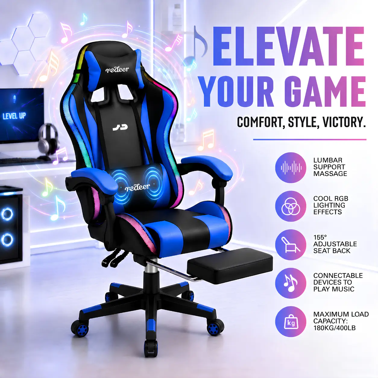SonicMOO Gaming Chair with RGB LED Lights, Footrest, Lumbar Support & Headrest - High Back Reclining Swivel Computer Chair canopy