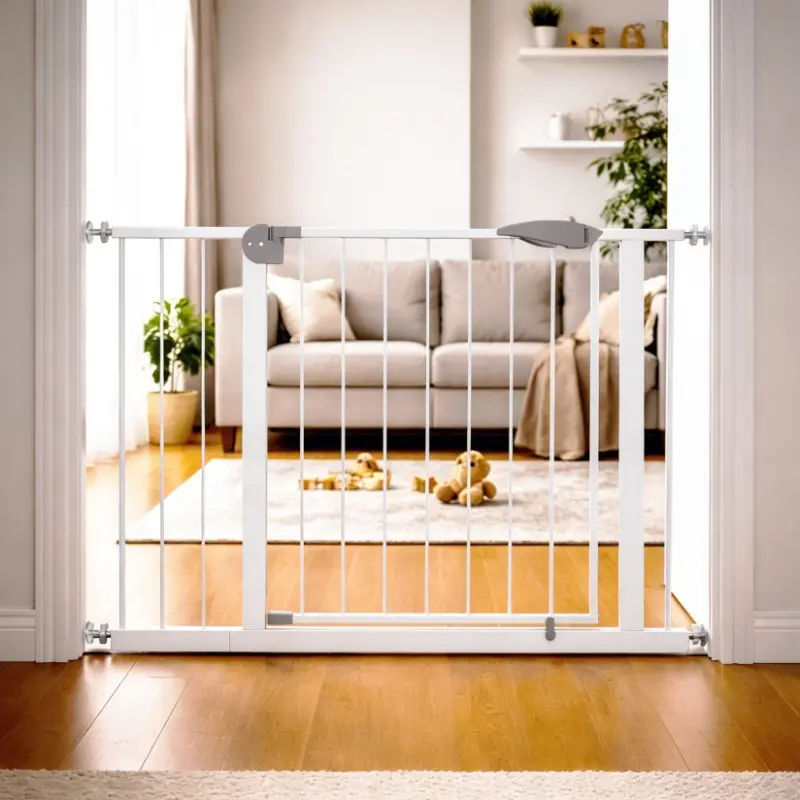 29.5-44.1" Wide Baby Gate for Stairs, Dog Gate Indoor for Doorways, No Drilling Pressure Mounted Pet Gates for Kids, Easy Walk Through Safety Gate, White , Adjustable Universal Safety Pet Gate