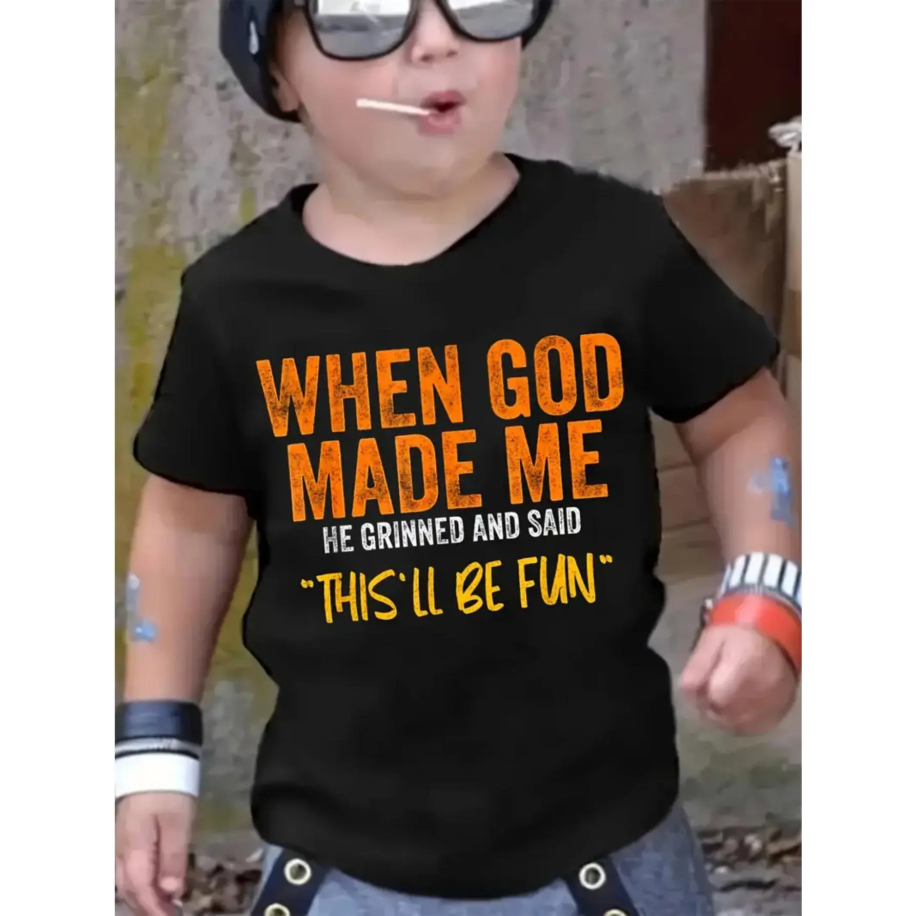 Boys' Casual Graphic Shirt with Funny Christian "When God Made Me" Quote, Lightweight Breathable Tee for Teen Summer Wear & Church Events, Graphic Print Tee, Breathable Boys' T-Shirts, Boys Clothing