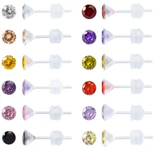 12 Pairs Plastic Stud Earrings for Sensitive Ears, Round Heart Star Cubic Zirconia CZ Stud Earrings for Women,  Birthstone Stud Earrings Set 3mm 4mm 5mm