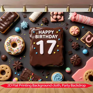 2D Flat Chocolate Dessert Birthday Banner Decoration, 17th Birthday Logo, Oversized Photography Cloth, Indoor Outdoor Party Decor