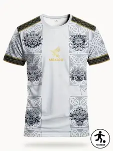 Summer Mexican Men's Soccer Jersey, Football Jersey, Football Shirts, Youth Crew Neck Sports Top with Maya and Aztec Print, Perfect for Gold Cup Matches and Daily Fitness