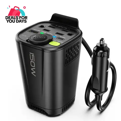 YWZ 150W Car Power Inverter Cup Holder for Phones, 12V DC to 110V AC Adapter with Dual 30W PD Fast Charge, 18W USB-A, 2 AC Outlets, Powers Laptops & iPhone 16 15 14 On-the-Go Auto Accessory