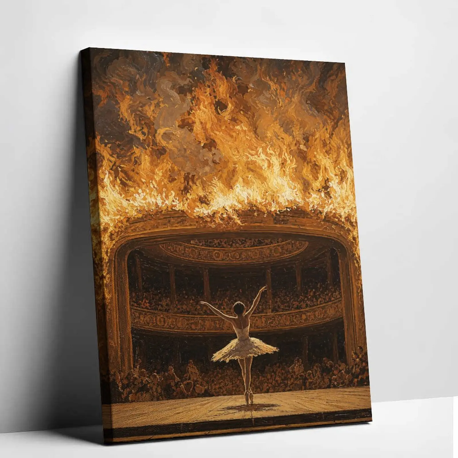 Ballerina Dancing on Fire Stage Canvas Wall Art Burning Theater Poster Print Vintage Impasto Oil Painting Style Canvas Painting Dramatic Ballet Graphic Picture Decor for Living Room Studio