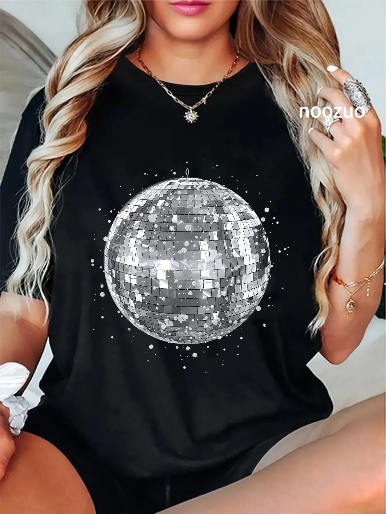 Women's 100% Cotton Round Neck Short Sleeves Vintage Retro Disco Ball Graphic T-Shirt - Everyday Casual Streetwear Top for Club Parties, Tshirt, Playful, Machine Washable, Party, All Seasons, Lady, Casual Fit, Playful Look, Clothes, Fashion, Cute