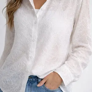 Martha Long Sleeve Button Down Shirt with Floral Embroidered Eyelet Pattern One Size Fits All