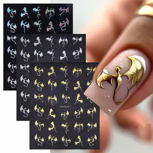 3 Sheets Flying Dragon Nail Art Stickers, 3D Dark Style Metal Effect Halloween Design, Vampire Nails, Self-Adhesive DIY Holiday Manicure Decoration, Nail Art Supplies