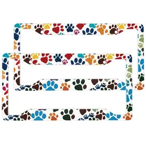 2pcs Colorful Dog Paw Car License Plate Frame Aluminum License Plate Holder Funny License Plate Decorative with Screws Size 12.2x6.3 Inch Men Women Car Accessories