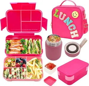 Bento Lunch Box Set for Kids with 10oz Thermo Food Jar, Leak-Proof Lunch Containers with 6 Compartment, Nylon Preppy Lunch Bag with Adjustable Strap for Girls School Travel Picnic Tableware