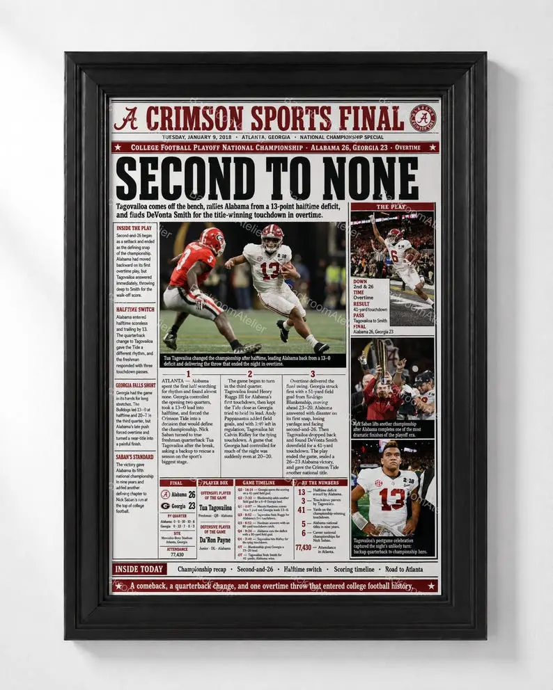 Alabama Crimson Tide 2018 National Championship Newspaper Print Poster, Tua Tagovailoa Sports Wall Artwork, College Football Decoration Home Decor Gift